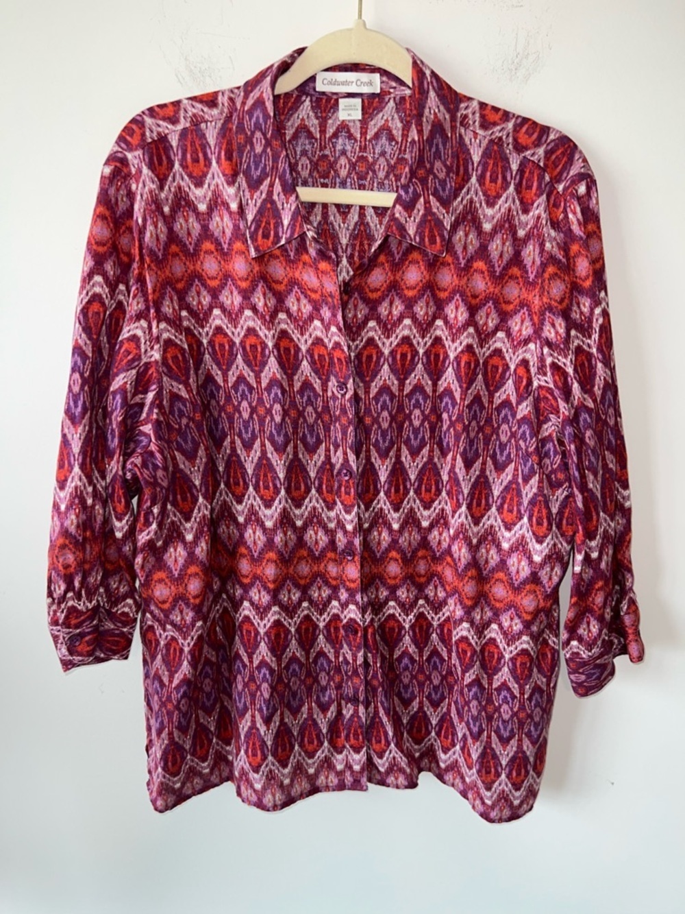 Coldwater Creek Red & Purple Geometric 100% Linen Button up Blouse XL